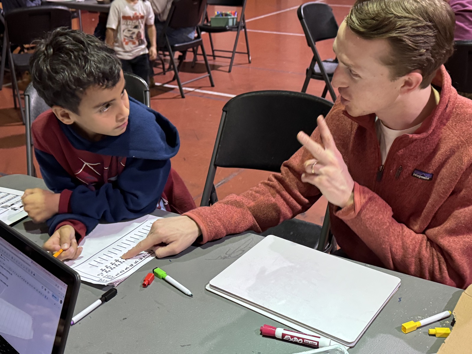 A volunteer using hand gestures to explain a problem to a child at a study table